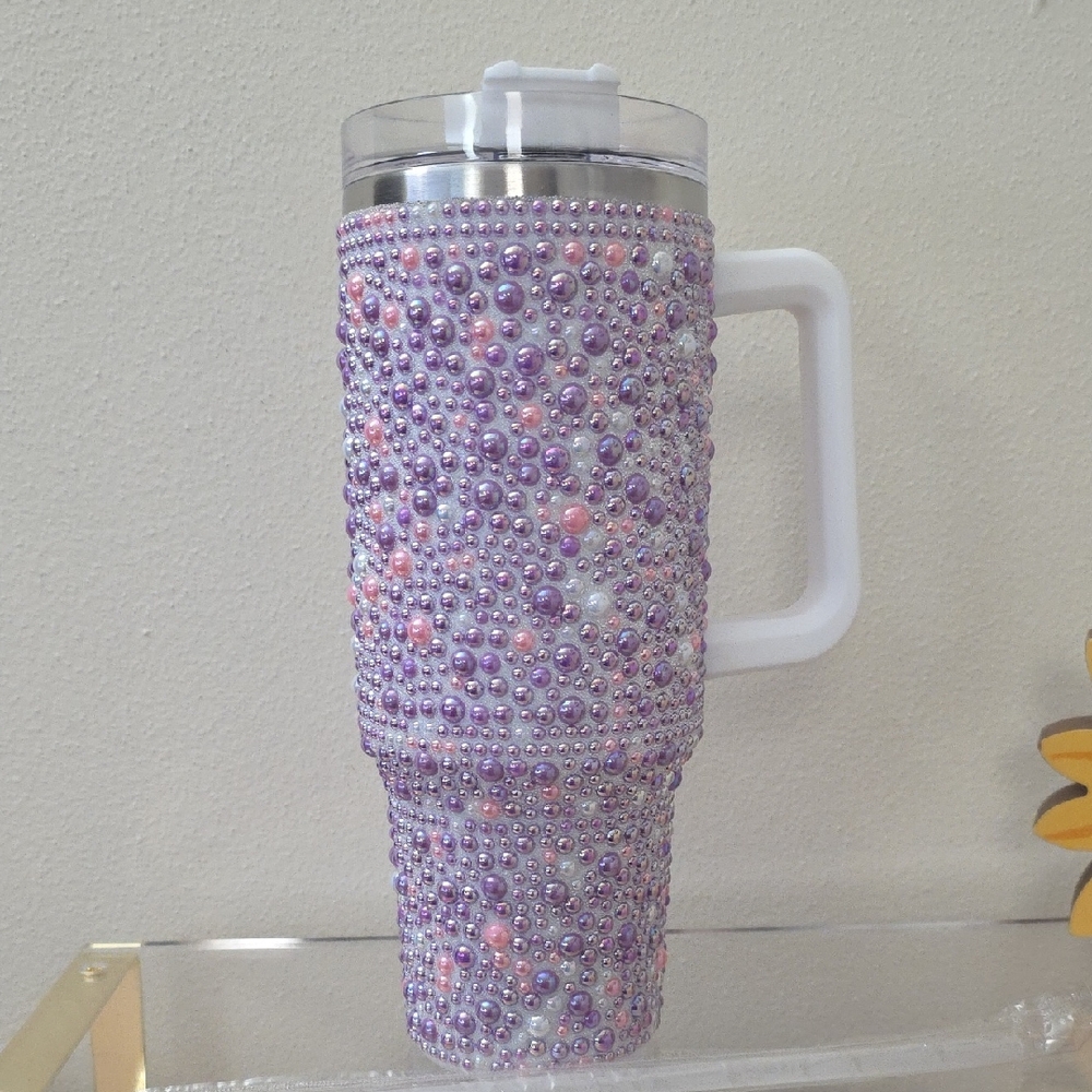 Purple and Pink Beaded Tumbler with Handle 40 Oz With Straw